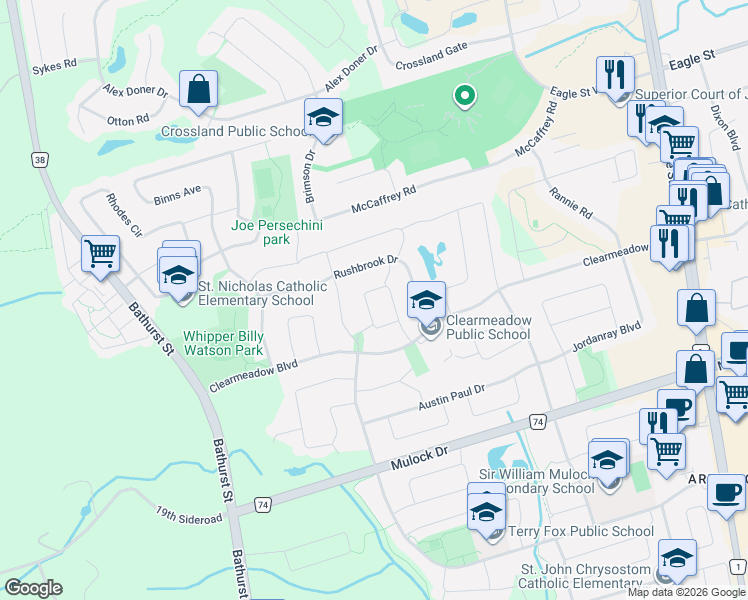 map of restaurants, bars, coffee shops, grocery stores, and more near 222 Denise Circle in Newmarket