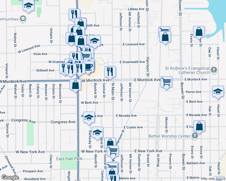map of restaurants, bars, coffee shops, grocery stores, and more near 1713 North Main Street in Oshkosh