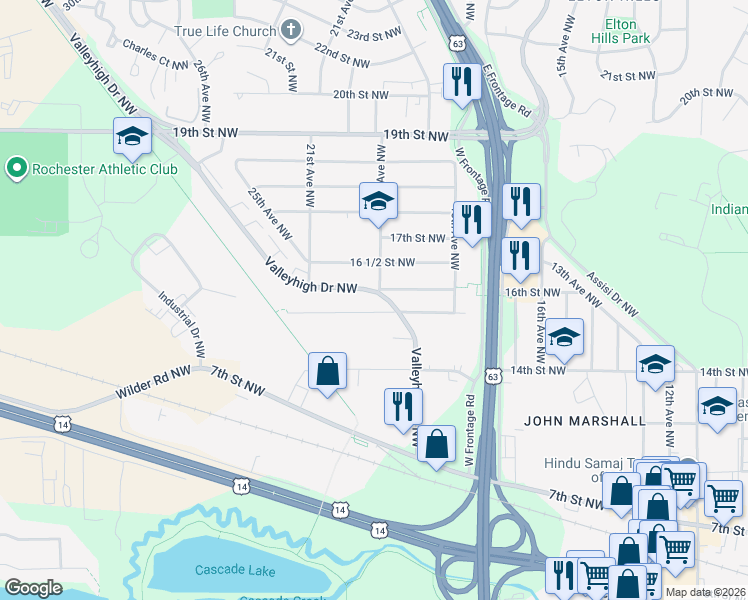 map of restaurants, bars, coffee shops, grocery stores, and more near 1912 Valleyhigh Drive Northwest in Rochester