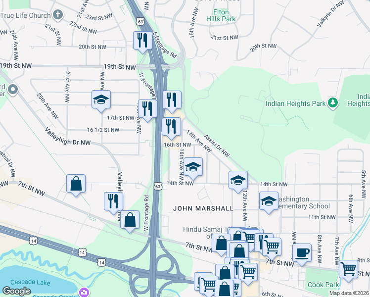 map of restaurants, bars, coffee shops, grocery stores, and more near 1526 16th Street Northwest in Rochester