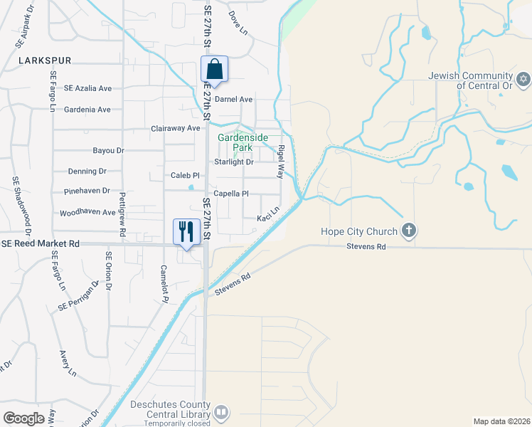 map of restaurants, bars, coffee shops, grocery stores, and more near 61644 Gemini Way in Bend