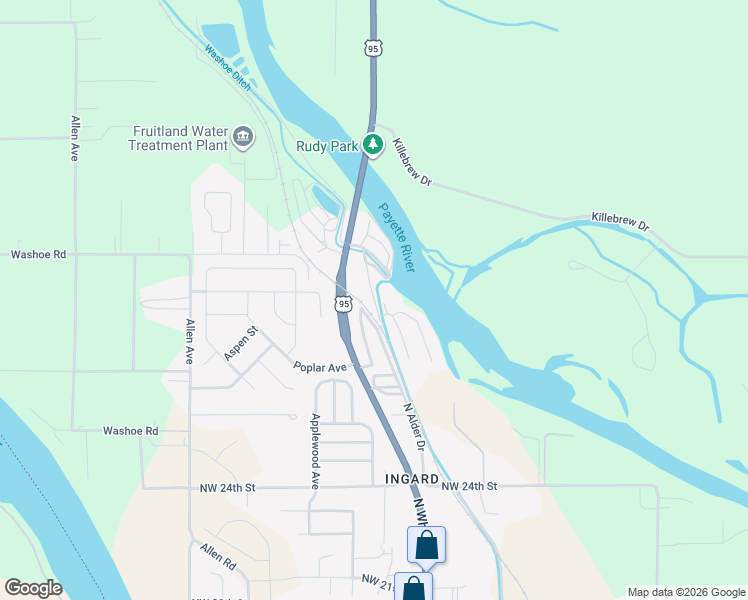 map of restaurants, bars, coffee shops, grocery stores, and more near Alden Road in Fruitland