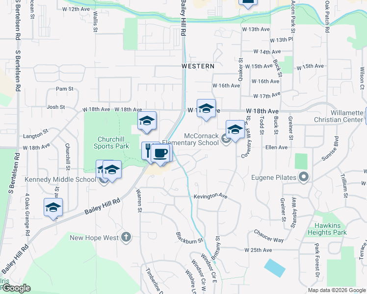 map of restaurants, bars, coffee shops, grocery stores, and more near 3800 Westleigh Street in Eugene