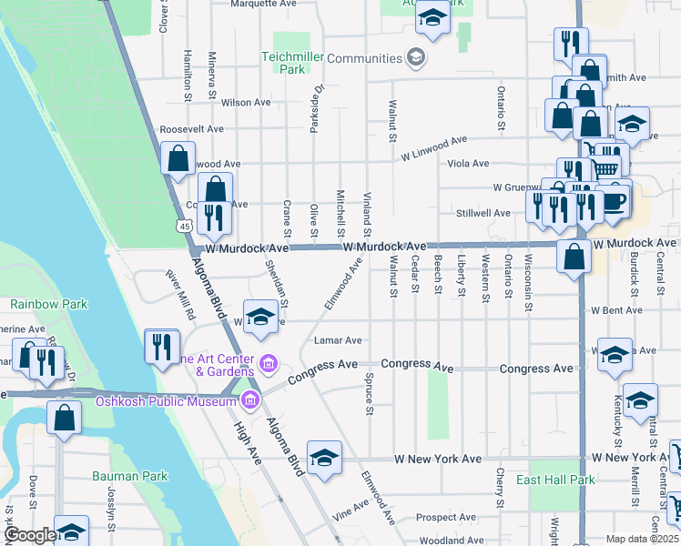 map of restaurants, bars, coffee shops, grocery stores, and more near 1713 Elmwood Avenue in Oshkosh