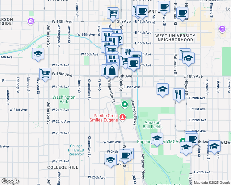 map of restaurants, bars, coffee shops, grocery stores, and more near 5 East 19th Alley in Eugene