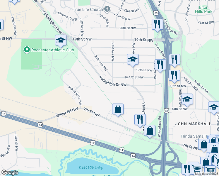 map of restaurants, bars, coffee shops, grocery stores, and more near 2106 Valleyhigh Drive Northwest in Rochester