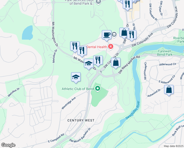 map of restaurants, bars, coffee shops, grocery stores, and more near 19699 Mountaineer Way in Bend