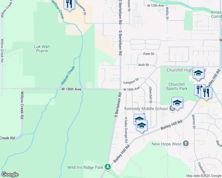 map of restaurants, bars, coffee shops, grocery stores, and more near 1790 South Bertelsen Road in Eugene