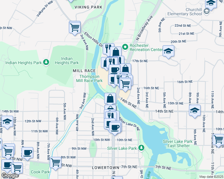 map of restaurants, bars, coffee shops, grocery stores, and more near 1401 North Broadway Avenue in Rochester