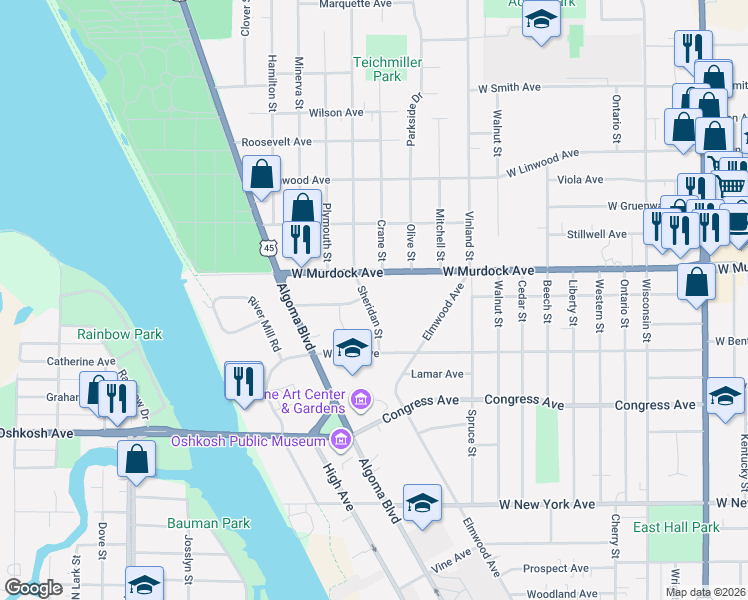 map of restaurants, bars, coffee shops, grocery stores, and more near 1656 Sheridan Street in Oshkosh