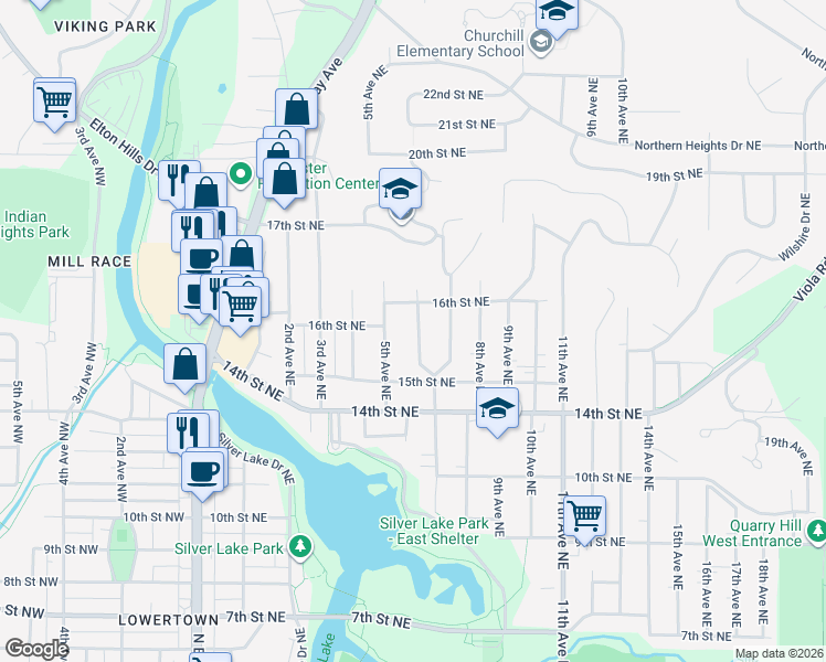 map of restaurants, bars, coffee shops, grocery stores, and more near 1542 7th Avenue Northeast in Rochester