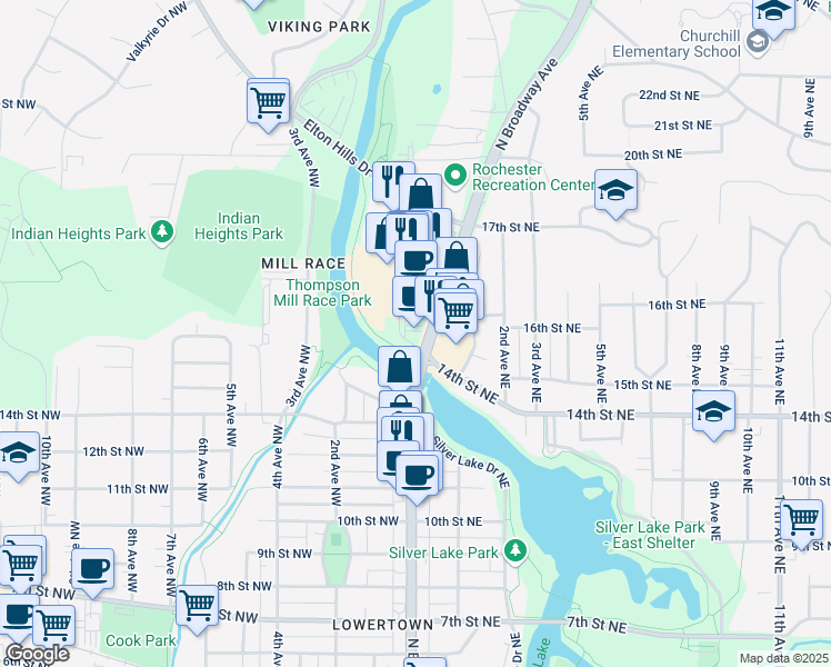 map of restaurants, bars, coffee shops, grocery stores, and more near 1401 North Broadway Avenue in Rochester
