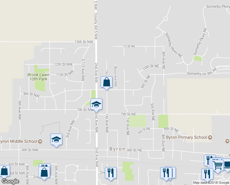 map of restaurants, bars, coffee shops, grocery stores, and more near 14 9th Street Northwest in Byron