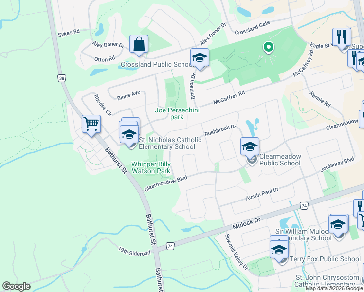 map of restaurants, bars, coffee shops, grocery stores, and more near 372 Rushbrook Drive in Newmarket