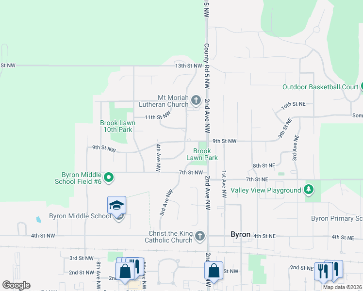 map of restaurants, bars, coffee shops, grocery stores, and more near 819 3 1/2 Avenue Northwest in Byron