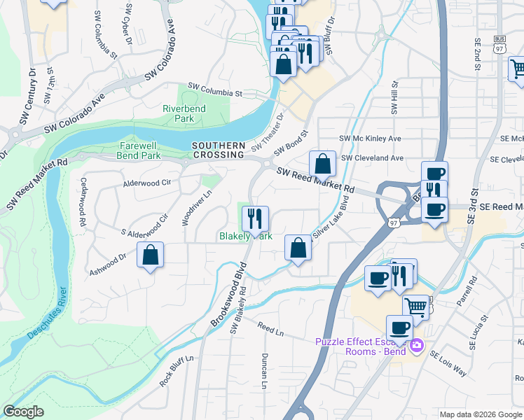 map of restaurants, bars, coffee shops, grocery stores, and more near 906 Blakely Road in Bend