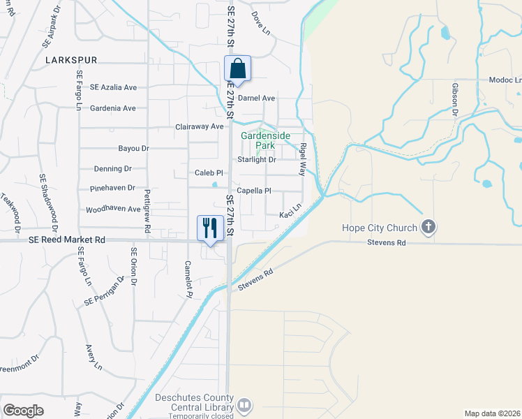 map of restaurants, bars, coffee shops, grocery stores, and more near 61637 Vega Street in Bend