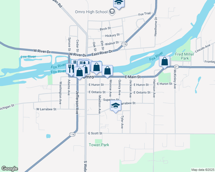 map of restaurants, bars, coffee shops, grocery stores, and more near 236 East Huron Street in Omro
