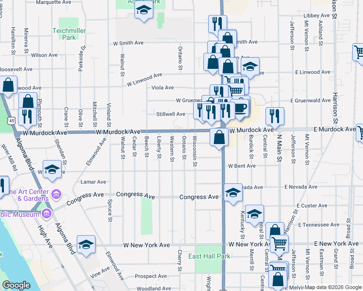 map of restaurants, bars, coffee shops, grocery stores, and more near 1655 Ontario Street in Oshkosh
