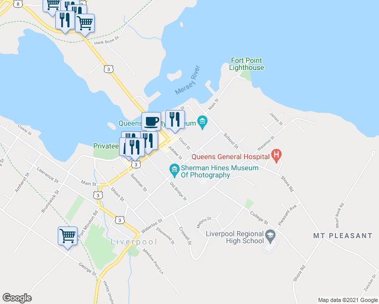 map of restaurants, bars, coffee shops, grocery stores, and more near 50 Court Street in Liverpool
