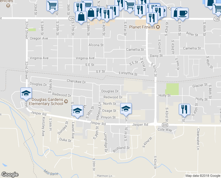 map of restaurants, bars, coffee shops, grocery stores, and more near 4022 Douglas Drive in Springfield
