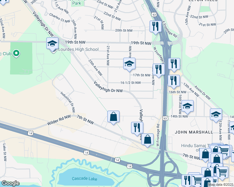 map of restaurants, bars, coffee shops, grocery stores, and more near 2014 Valleyhigh Drive Northwest in Rochester