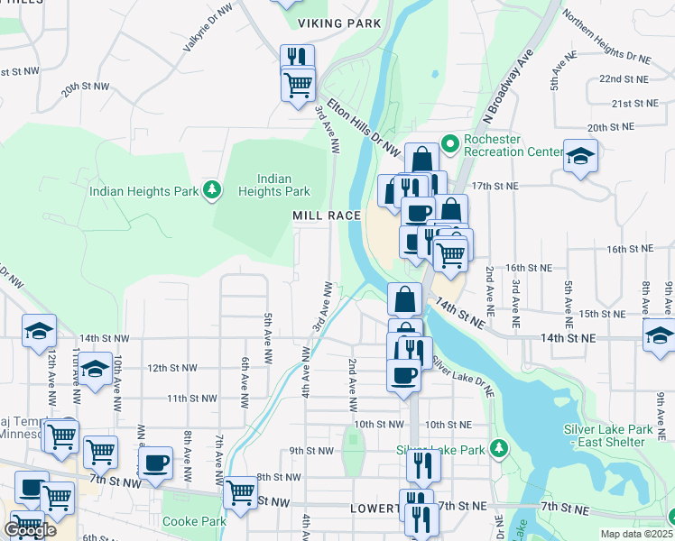 map of restaurants, bars, coffee shops, grocery stores, and more near 1512 3rd Avenue Northwest in Rochester