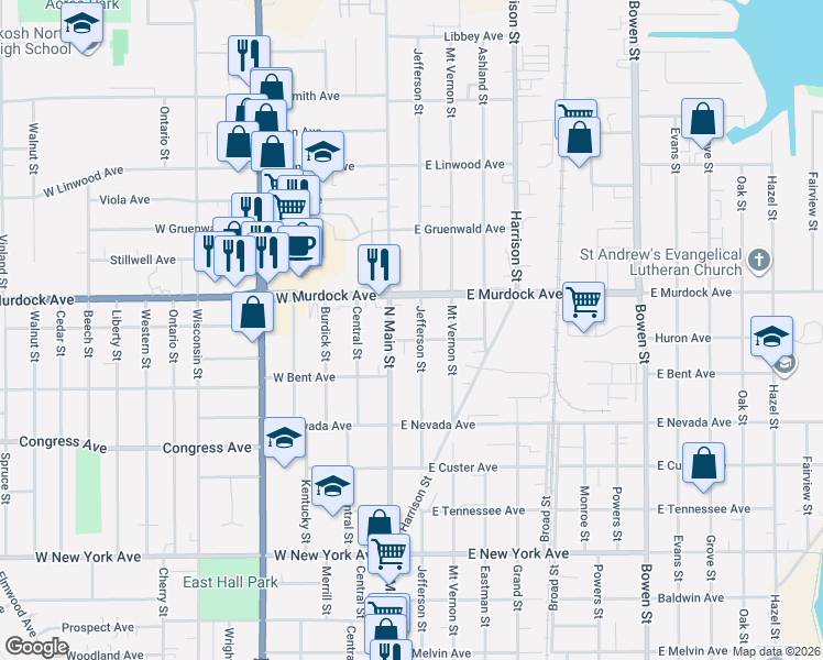 map of restaurants, bars, coffee shops, grocery stores, and more near 1728 Jefferson Street in Oshkosh