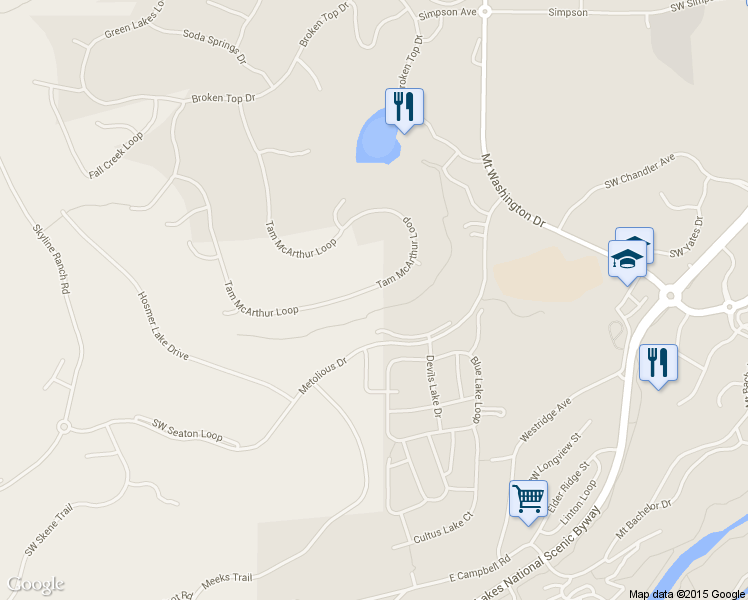 map of restaurants, bars, coffee shops, grocery stores, and more near 61535 Tam McArthur Loop in Bend