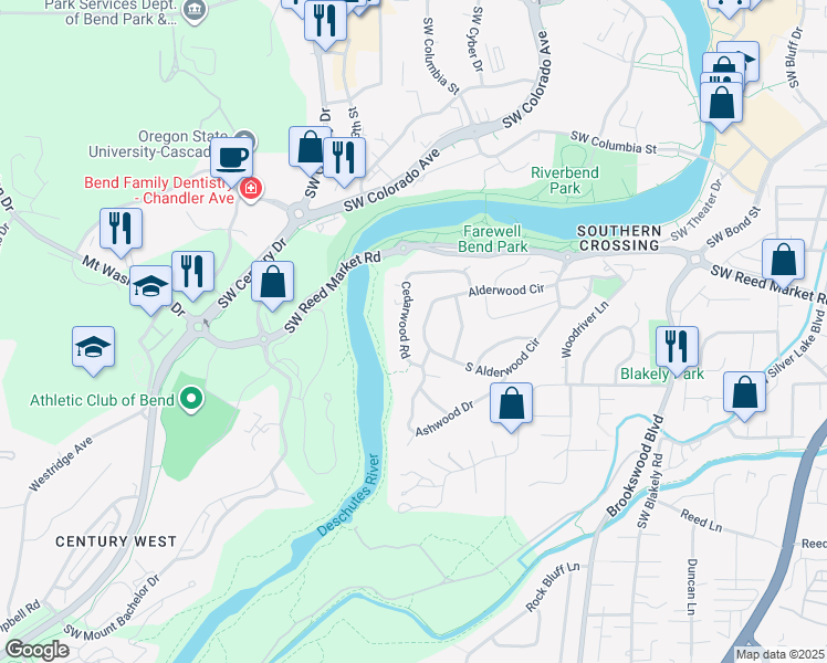 map of restaurants, bars, coffee shops, grocery stores, and more near 61640 Cedarwood Road in Bend
