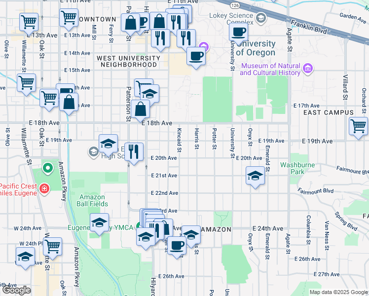 map of restaurants, bars, coffee shops, grocery stores, and more near 1945 Kincaid Street in Eugene