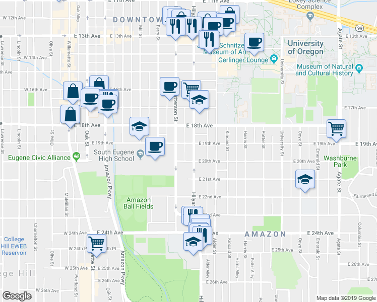 map of restaurants, bars, coffee shops, grocery stores, and more near 1942 Hilyard Street in Eugene
