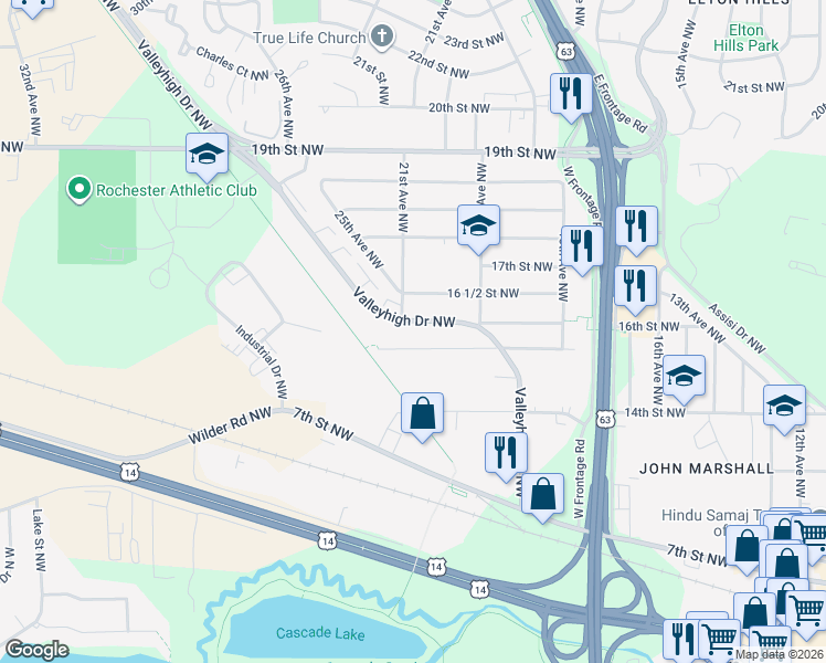 map of restaurants, bars, coffee shops, grocery stores, and more near 2106 County Highway 4 in Rochester