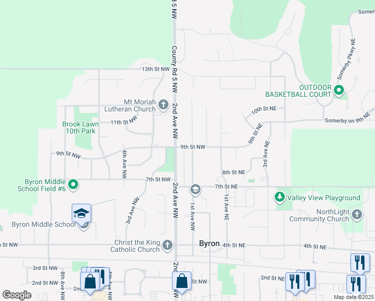 map of restaurants, bars, coffee shops, grocery stores, and more near 821 1st Ave NW in Byron