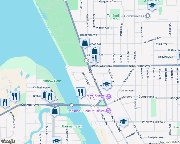 map of restaurants, bars, coffee shops, grocery stores, and more near 1733 Algoma Boulevard in Oshkosh