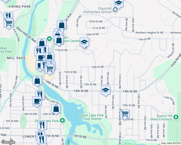 map of restaurants, bars, coffee shops, grocery stores, and more near 1542 7th Avenue Northeast in Rochester