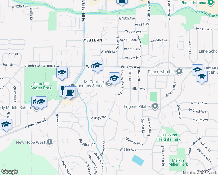 map of restaurants, bars, coffee shops, grocery stores, and more near 1968 Brittany Street in Eugene