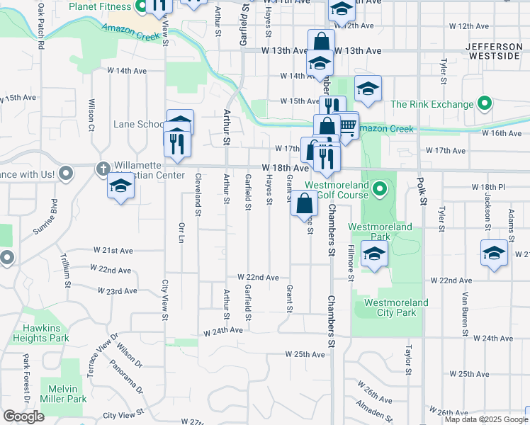 map of restaurants, bars, coffee shops, grocery stores, and more near 1950 Hayes Street in Eugene