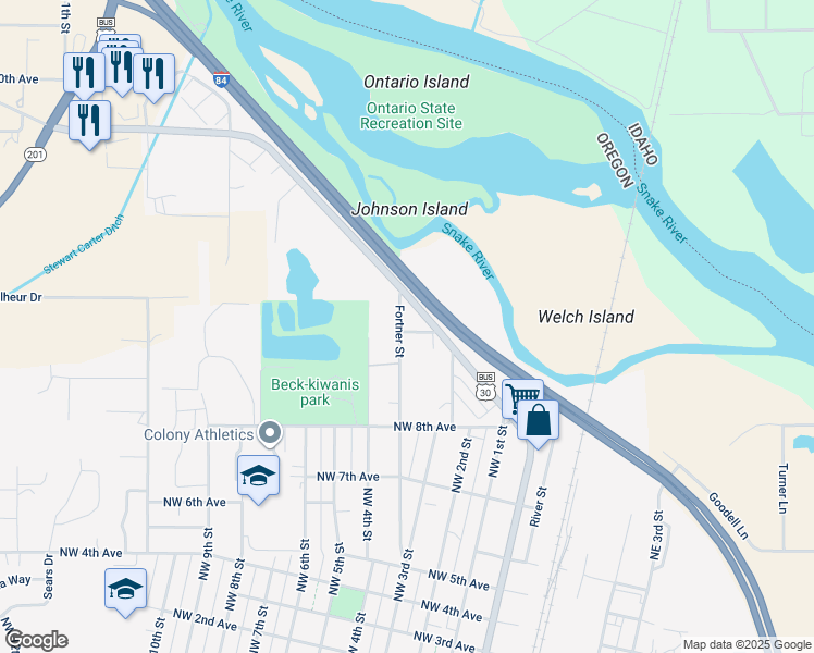 map of restaurants, bars, coffee shops, grocery stores, and more near 389 Northwest 11th Avenue in Ontario
