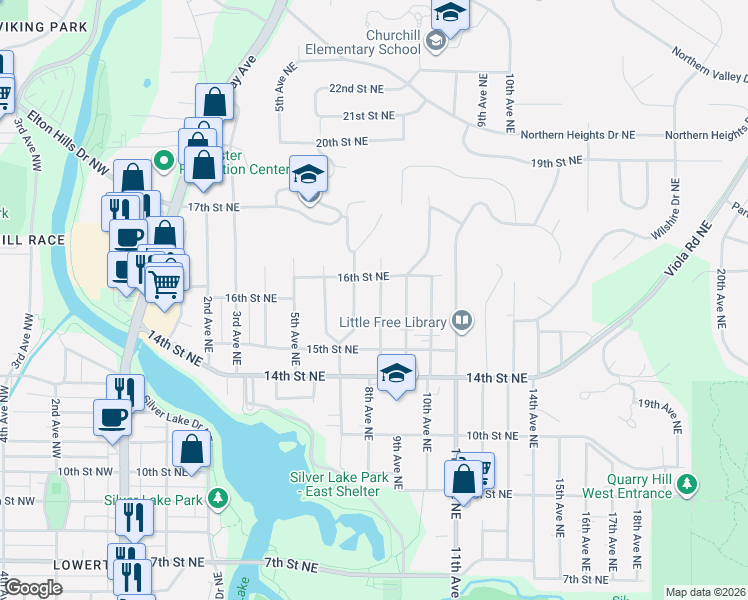 map of restaurants, bars, coffee shops, grocery stores, and more near 1533 8th Avenue Northeast in Rochester