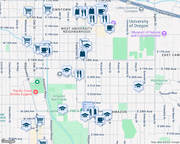 map of restaurants, bars, coffee shops, grocery stores, and more near 746 East 19th Avenue in Eugene