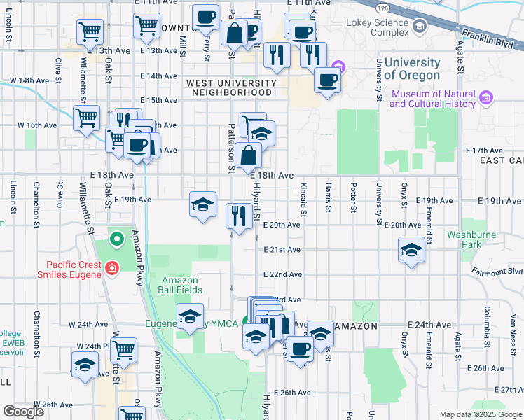 map of restaurants, bars, coffee shops, grocery stores, and more near 1942 Hilyard Street in Eugene