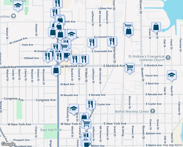 map of restaurants, bars, coffee shops, grocery stores, and more near 1728 Jefferson Street in Oshkosh