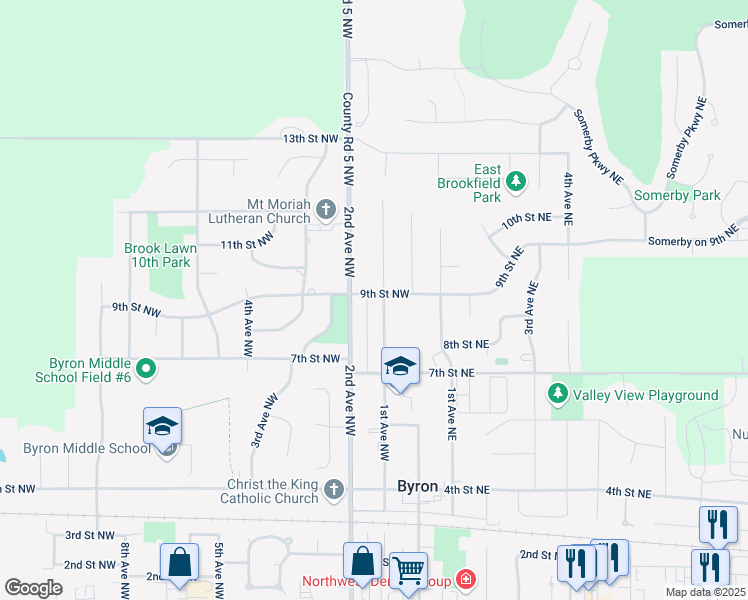 map of restaurants, bars, coffee shops, grocery stores, and more near 821 1st Avenue Northwest in Byron