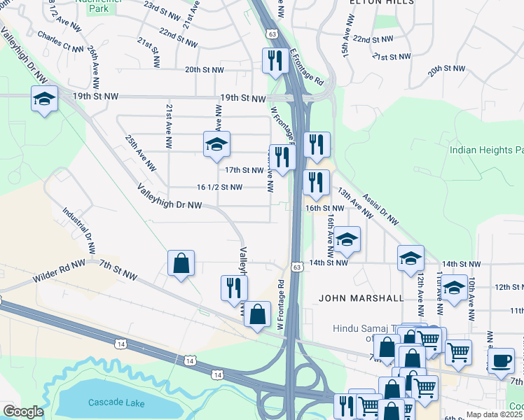 map of restaurants, bars, coffee shops, grocery stores, and more near 1808 16th Street Northwest in Rochester