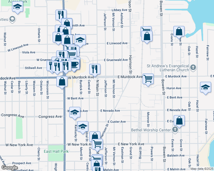map of restaurants, bars, coffee shops, grocery stores, and more near 1728 Jefferson Street in Oshkosh