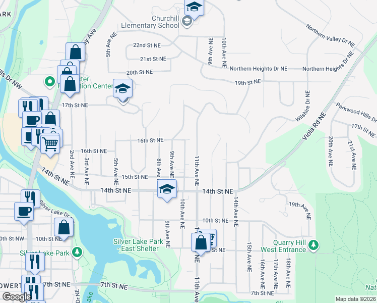 map of restaurants, bars, coffee shops, grocery stores, and more near 1532 10th Avenue Northeast in Rochester