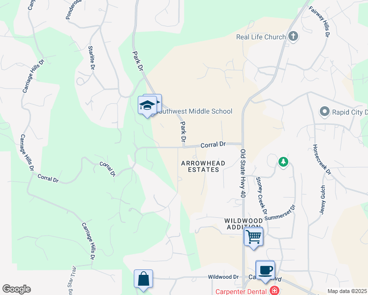 map of restaurants, bars, coffee shops, grocery stores, and more near 3497 Corral Drive in Rapid City