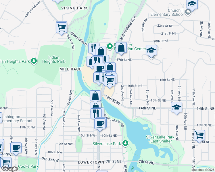 map of restaurants, bars, coffee shops, grocery stores, and more near 1512 North Broadway Avenue in Rochester