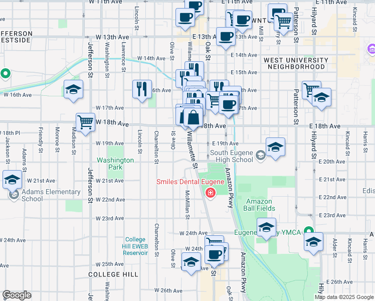 map of restaurants, bars, coffee shops, grocery stores, and more near 1936 Willamette Street in Eugene